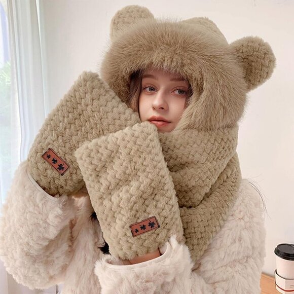 Women\'s Khaki Hooded Scarf Cute Bear Ear Hat Faux Fur Gloves Set Soft main image 9